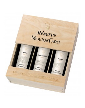 Wein Baron Philippe de Rothschild Réserve Mouton Cadet rot Holzkiste mit 3 2019 75cl 13%
